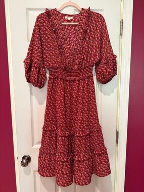 Max Studio Red Floral V‑Neck Tiered Midi Dress